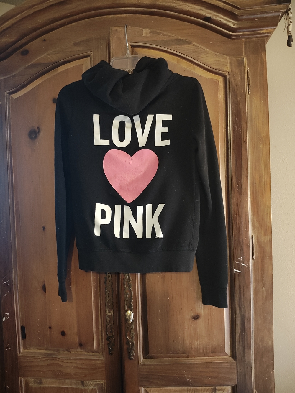 PINK Victoria's Secret Black Hoodie Zip Up with Pink Heart Graphic